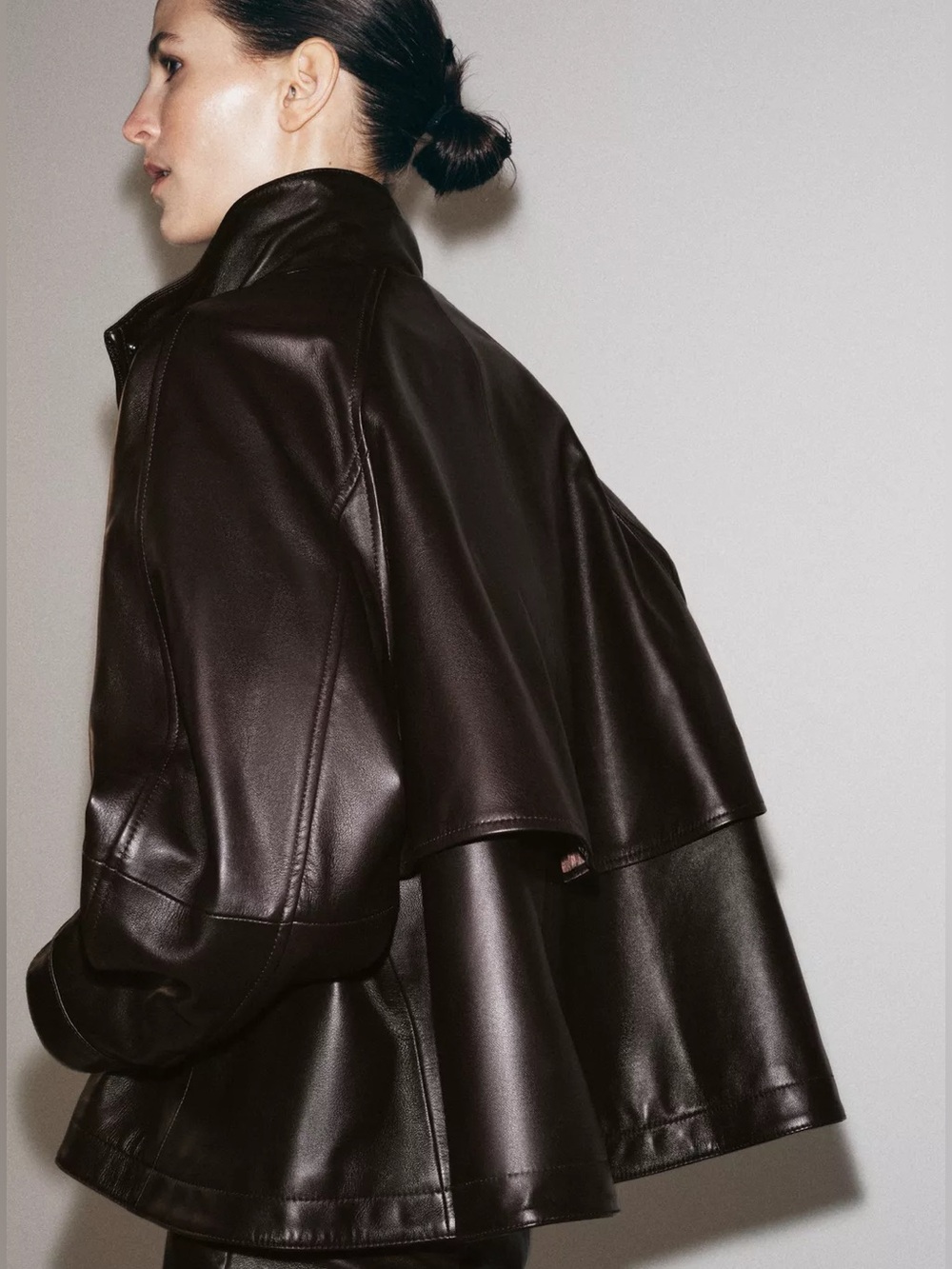 Zara 100% Leather Bomber Jacket High Neck Long Sleeves Cuffs Brown Medium NEW - Picture 4 of 16